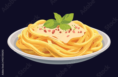 Carbonara Spaghetti Pasta on Plate - Vector Illustration