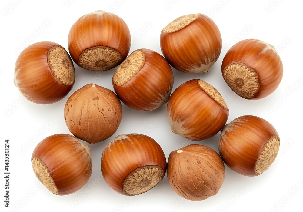 A group of ten hazelnuts with brown shells scattered on a plain white surface in a close up shot A group of ten hazelnuts with brown shells scattered on a plain white surface in a close up shot
