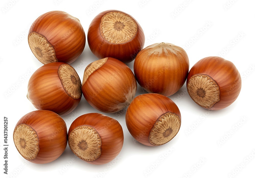 A close up view of a group of hazelnuts with shells scattered on a plain white background surface A close up view of a group of hazelnuts with shells scattered on a plain white background surface