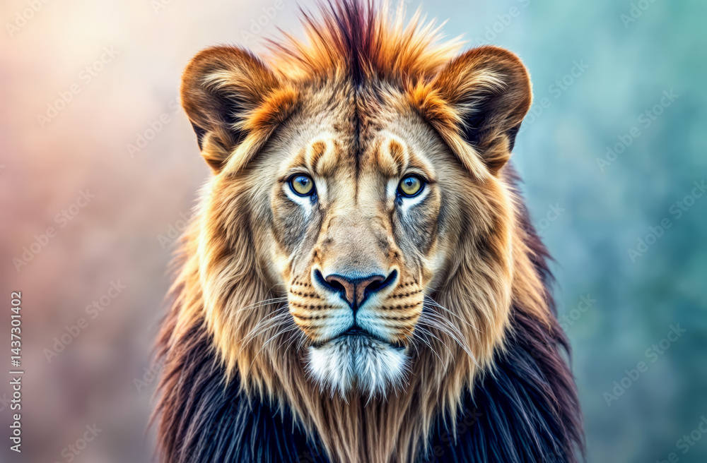 Obraz premium Majestic lion displaying its regal mane under soft light in a natural setting during twilight hours