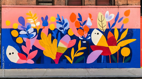 Colorful botanical mural adorning urban landscape, vivid abstract flora artwork