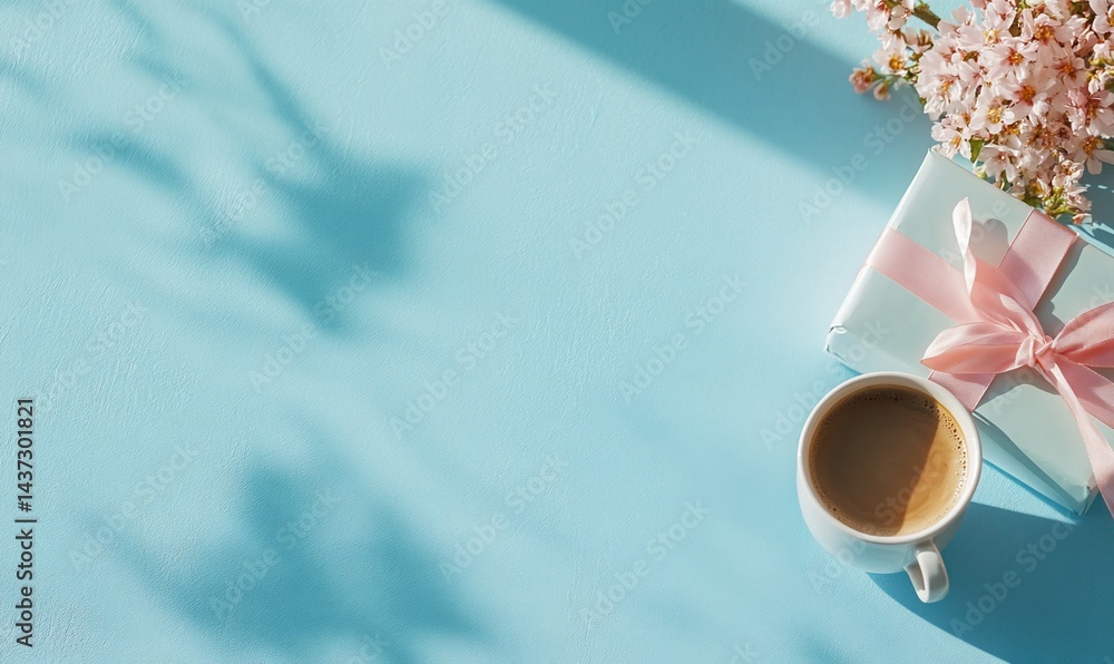 Light blue surface with gift box, coffee cup, and spring flowers Light blue surface with gift box, coffee cup, and spring flowers