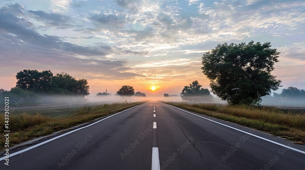 Fototapeta premium A long, empty road stretches toward the misty sunrise, symbolizing the beginning of a fresh journey.