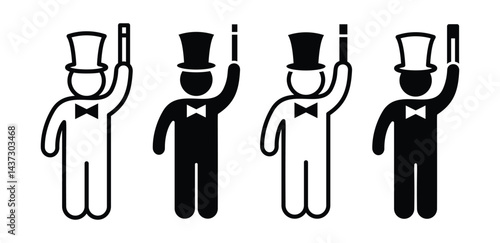 Magician Icon Set Black and White Silhouettes of a Magician in Formal Wear with Top Hat and Cane Vector Design