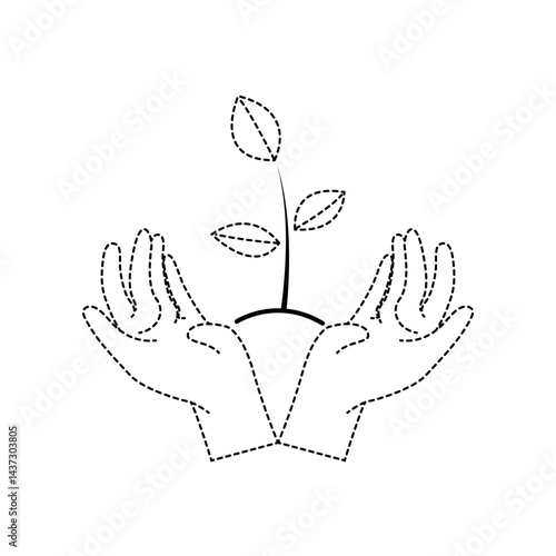hand holding tree plant silhouette with ouline dashline  illustration