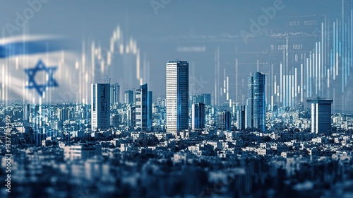 Israeli Business Skyline with Financial Charts Overlay in Blue Tones