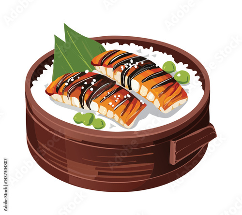 Grilled Unagi Bento Rice Food - Vector Illustration