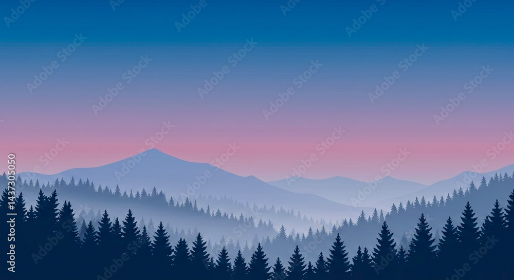 Obraz premium a serene, layered landscape in shades of blue and purple, depicting mountains, trees, and a misty valley under a twilight sky.