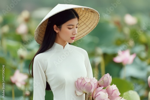 Vietnamese Woman in Ao Dai with Lotus Flowers and Conical Hat in Lotus Pond - Traditional Asian Beauty in Soft Focus