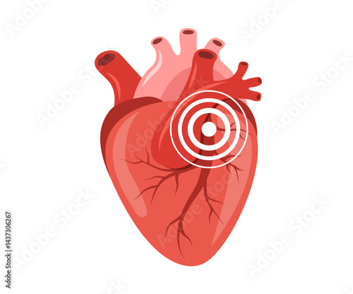 Heart pain. Human internal organ disease. Heart medical diagnosis and treatment. Vector illustration in flat cartoon style.