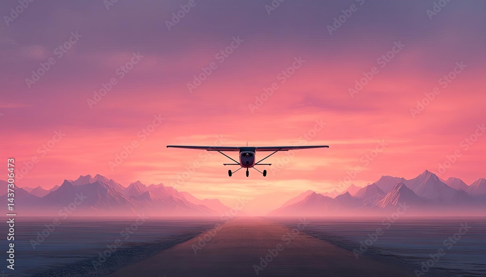 A small airplane taking off at sunset, surrounded by majestic mountains and vibrant skies. A small airplane taking off at sunset, surrounded by majestic mountains and vibrant skies.