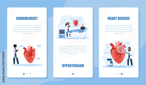 Cardiology banner set. Heart exam and treatment. Female cardiologist make diagnosis and choose therapy. ECG concept. Vector illustration in flat cartoon style. Prevention of heart diseases.