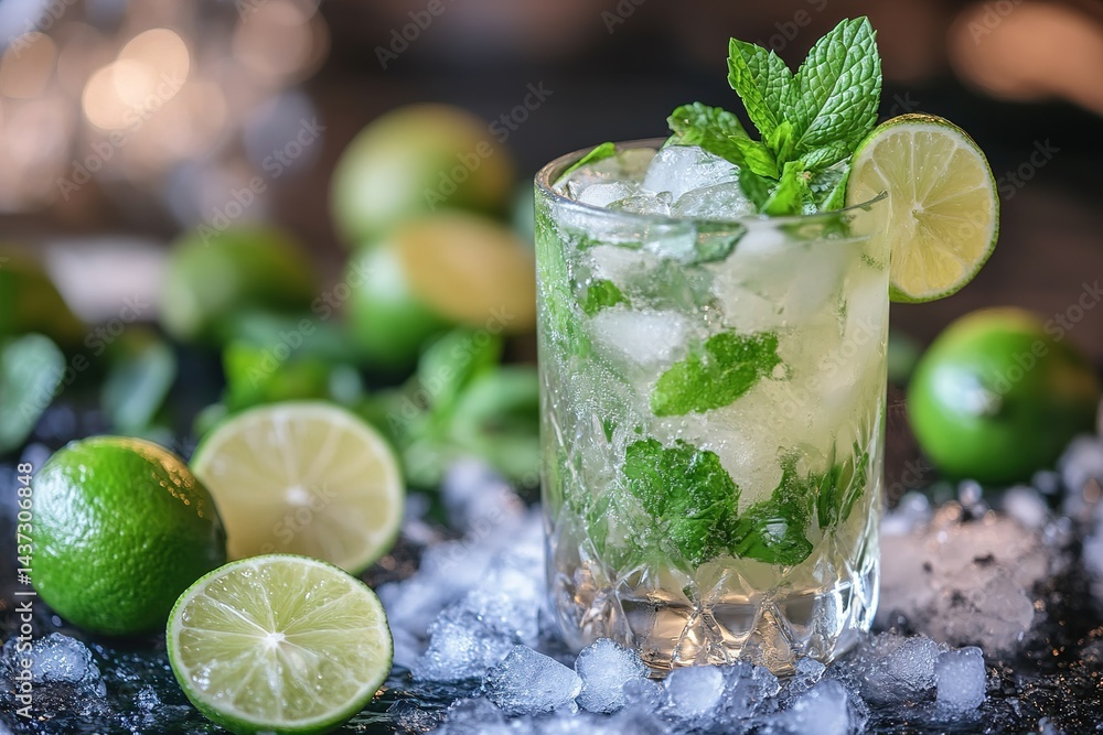 A classic mojito mocktail with lime, mint, and soda, served over crushed ice. A classic mojito mocktail with lime, mint, and soda, served over crushed ice.
