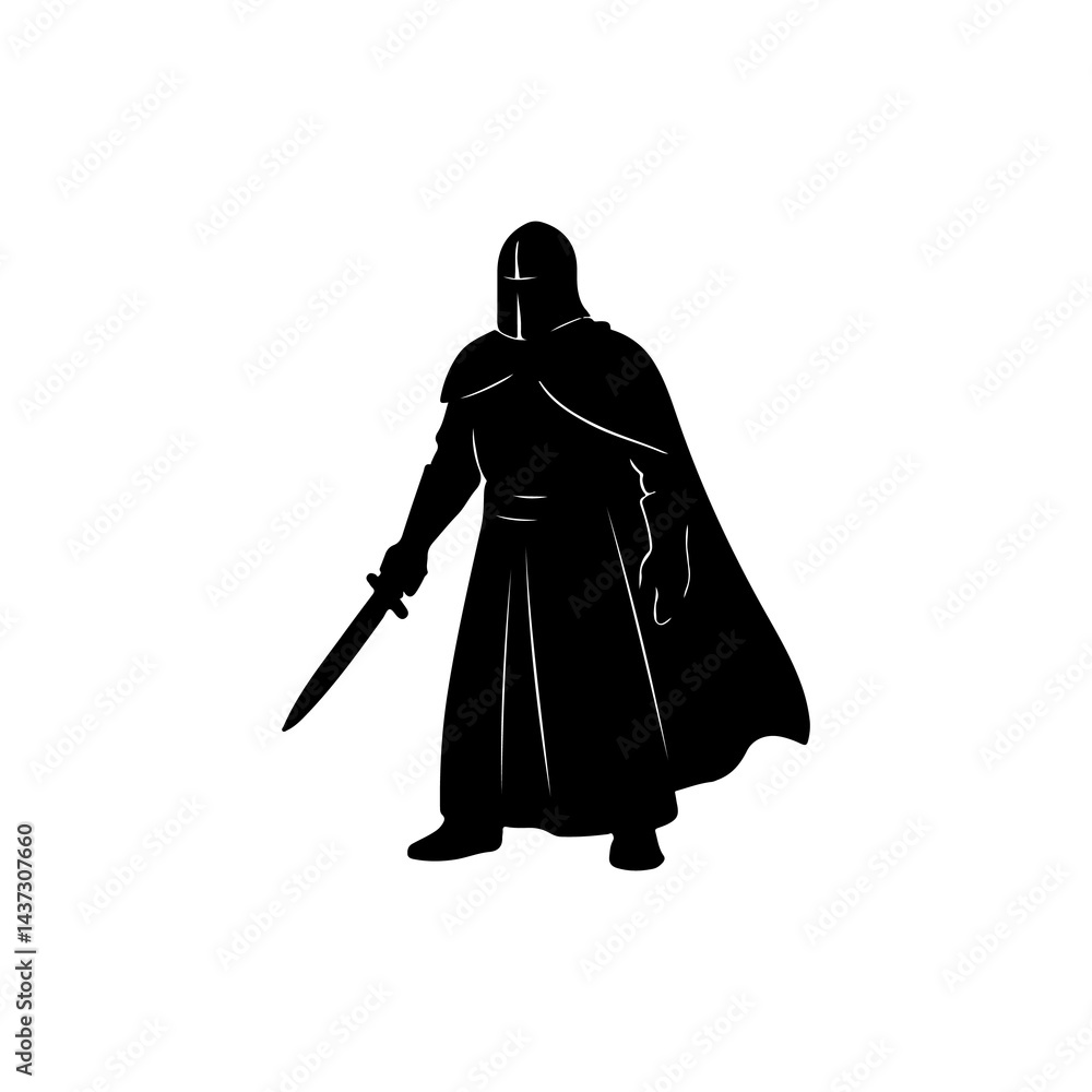 Naklejka premium Black silhouette of a medieval warrior with sword