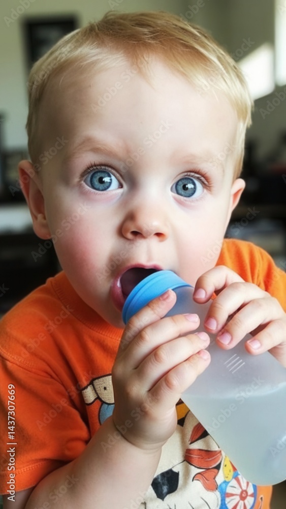 Boy drinking from a baby bottle.