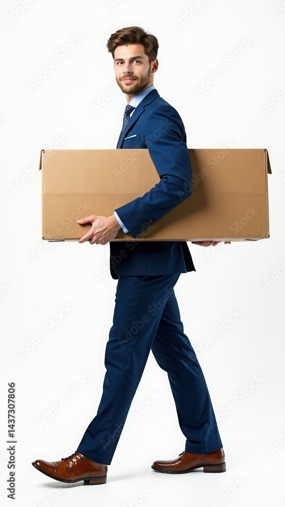 Man in a suit is carrying a cardboard box. Concept of professionalism and responsibility, as the man is dressed in a suit