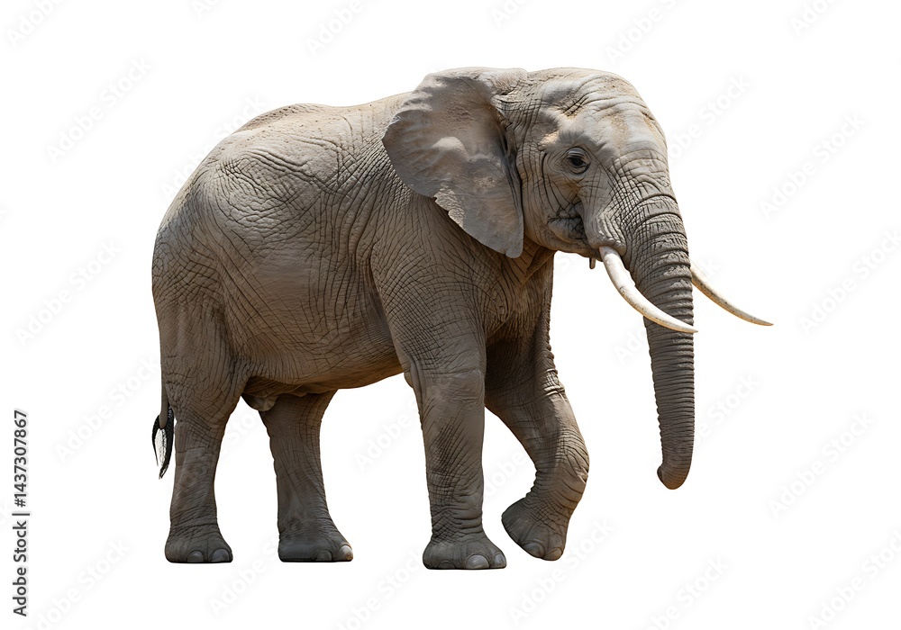Obraz premium A full body shot of a large african elephant walking with a white background in the studio light