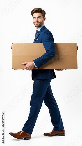 Obraz na płótnie Man in a suit is carrying a cardboard box. Concept of professionalism and responsibility, as the man is dressed in a suit w salonie