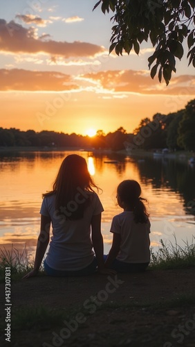 Mom and daughter are sitting on the embankment at sunset. The family is resting on the embankment on a summer evening. Family outing.