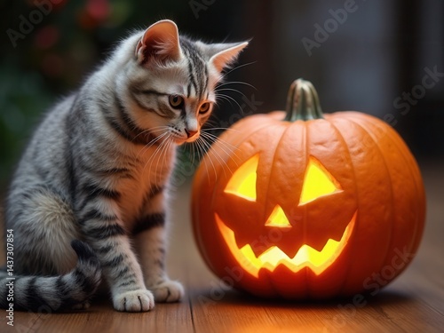 Obraz na płótnie Cat plays with a Halloween, Hallowe'en pumpkin. w salonie