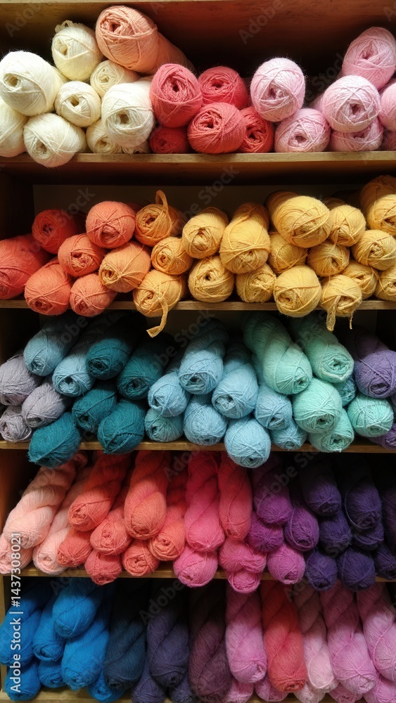 Shelves with colorful yarn store rack..