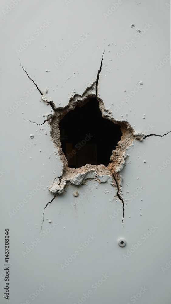 Bullet hole on the metal fragment from the white surface.