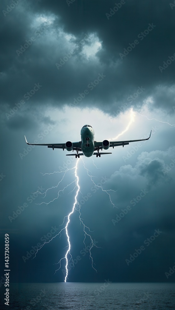 Passenger airplane flying above sea on stormy sky with dark clouds and lightnings..