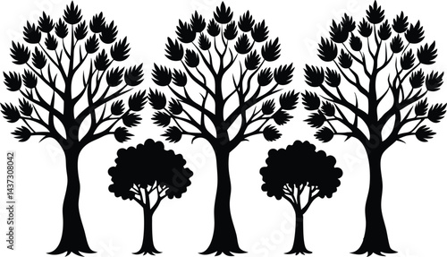 Beautiful Elm Trees Isolated Silhouette Vector Art Elegant Forest Landscape Elements Design