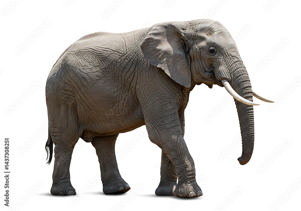 Obraz premium Isolated side view of an african elephant with large tusks on a plain white background image scene
