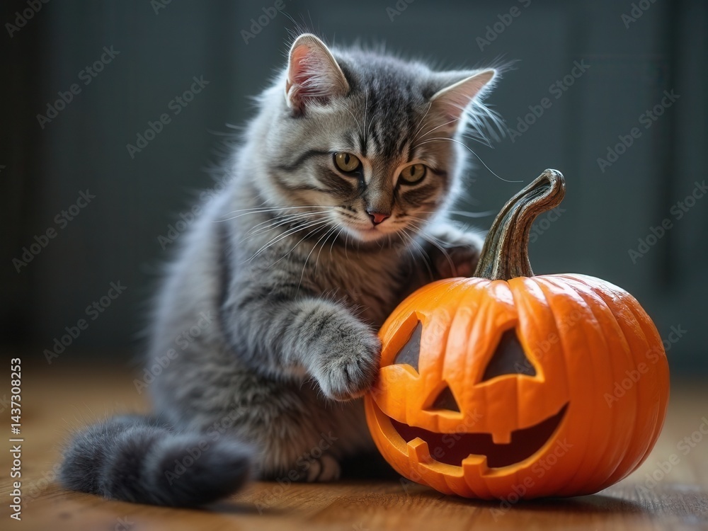 Cat plays with a Halloween, Hallowe'en pumpkin.