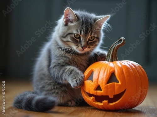 Obraz na płótnie Cat plays with a Halloween, Hallowe'en pumpkin. w salonie