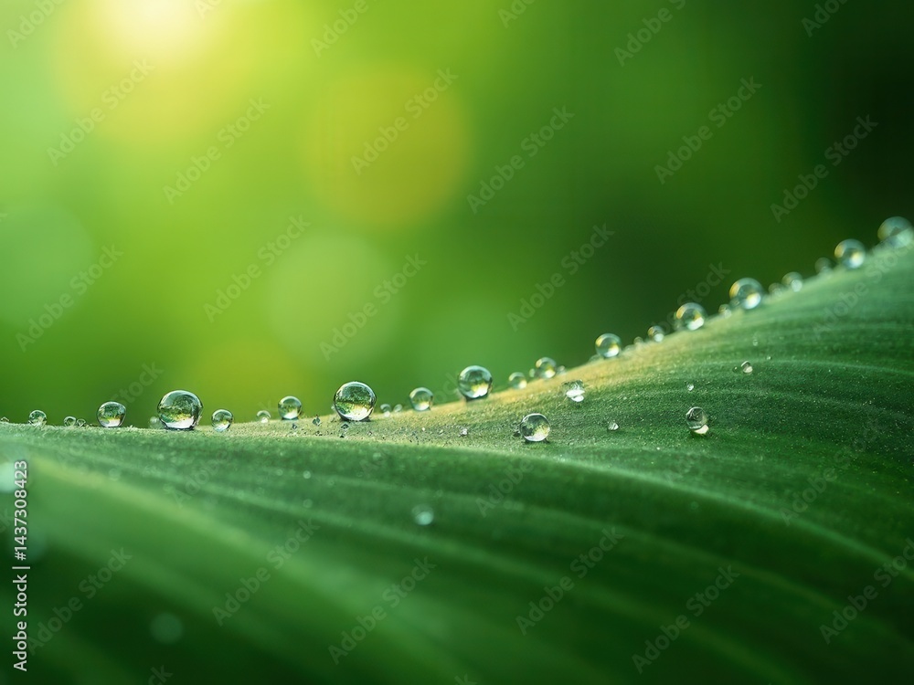 Leaf with water droplets on it. The droplets are small and scattered, giving the impression of a light rain. The leaf is green