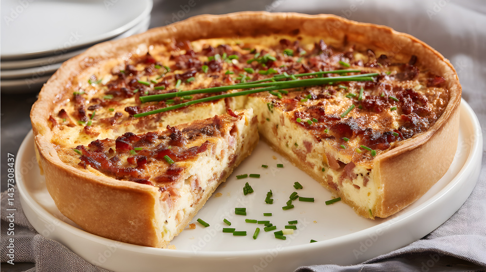 Exquisite Quiche Lorraine with Crispy Bacon and Fresh Chives on a Elegant Plate Ready to Serve Exquisite Quiche Lorraine with Crispy Bacon and Fresh Chives on a Elegant Plate Ready to Serve