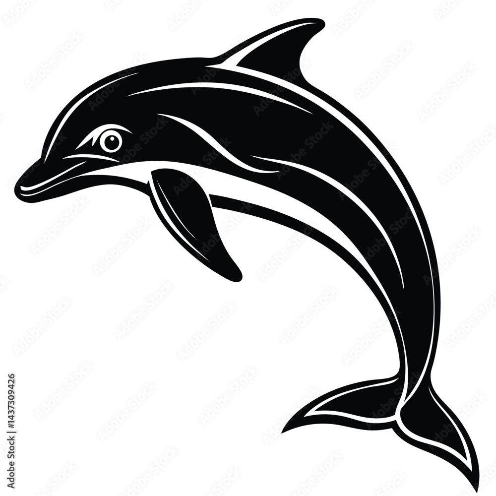 Obraz premium Dolphin Leaping over Waves with Palm Trees on Beach in Silhouette Circle