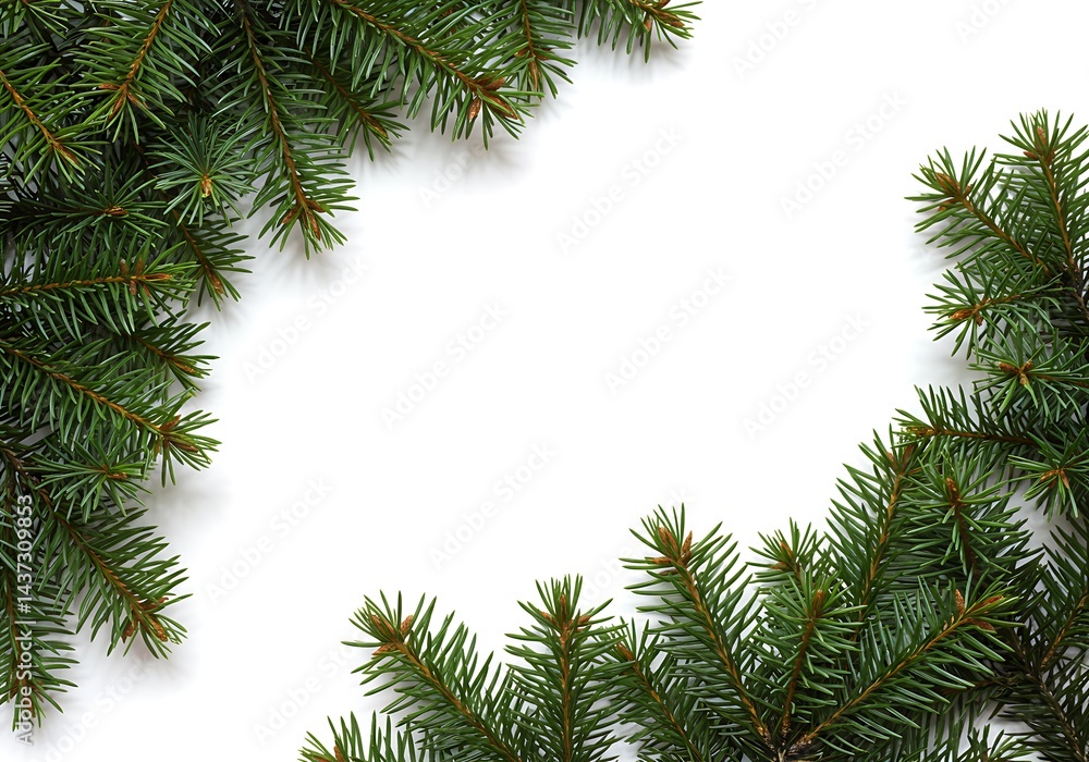 Close up of pine tree branches on a white background creating a festive christmas frame effect Close up of pine tree branches on a white background creating a festive christmas frame effect