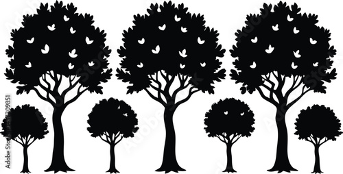 Beautiful Elm Trees Isolated Silhouette Vector Art Elegant Forest Landscape Elements Design