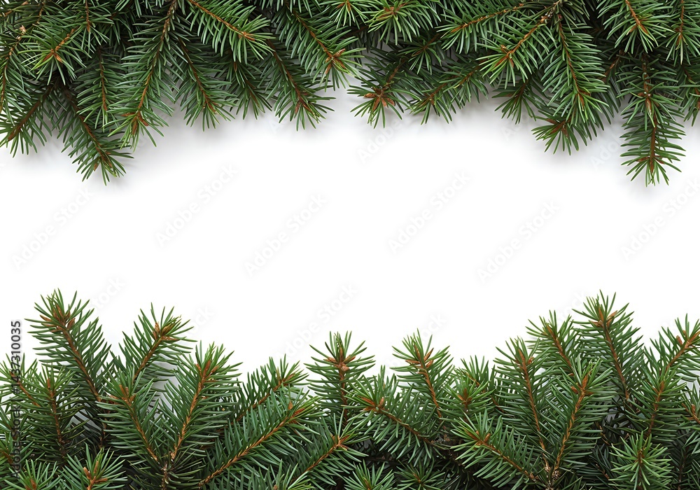 Green pine branches framing a white background creating a border at the top and bottom of the image Green pine branches framing a white background creating a border at the top and bottom of the image