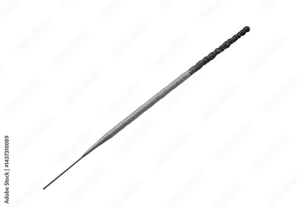 A single sparkler on a white background, angled slightly, showing the coated end and the bare metal tip A single sparkler on a white background, angled slightly, showing the coated end and the bare metal tip