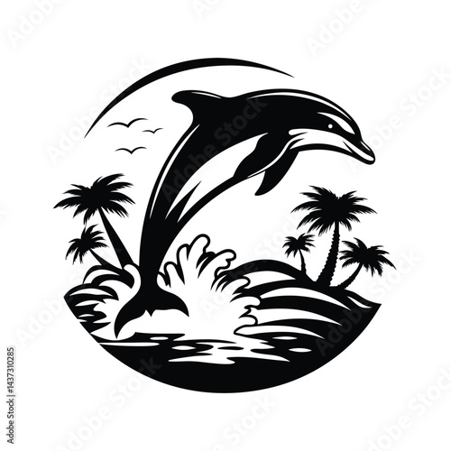 Silhouette of Dolphin Leaping Above Water with Palm Trees and Birds in a Circular