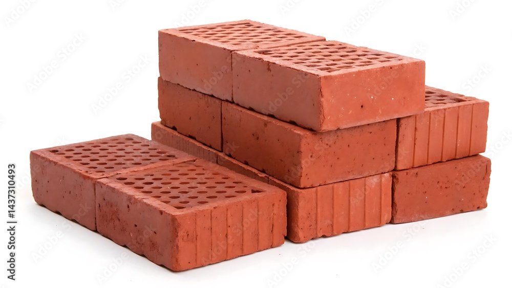 Fototapeta premium Stack of red bricks isolated on white background