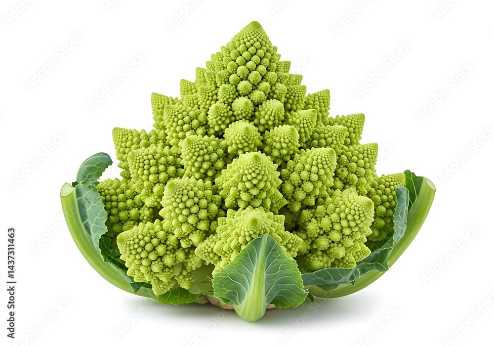 Close up of a romanesco broccoli with its fractal pattern on a white background in studio lighting Close up of a romanesco broccoli with its fractal pattern on a white background in studio lighting