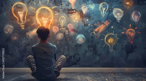 Creative Inspiration: Child Sitting in Front of Illuminated Light Bulbs on Artistic Wall