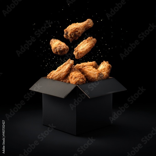 A box of mouthwatering chicken wings positioned on a table with a black background perfect for any meal occasion