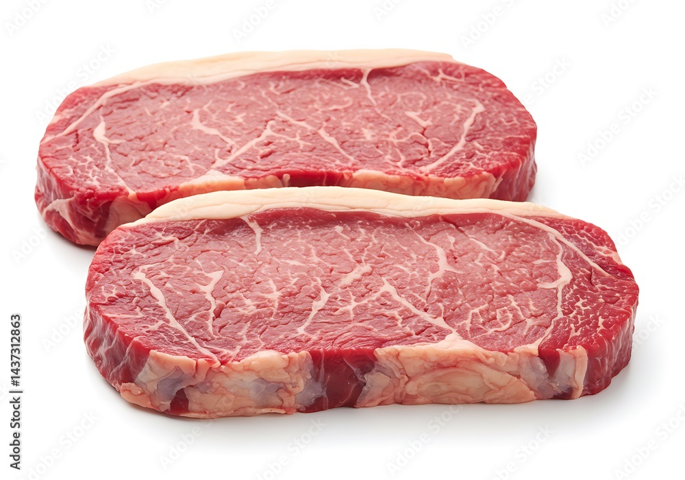 Two raw sirloin steaks with white fat on a white background ready to be cooked for a delicious meal Two raw sirloin steaks with white fat on a white background ready to be cooked for a delicious meal