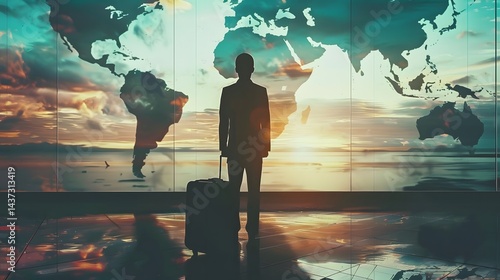 Business Traveler with Suitcase in Front of World Map at Sunset