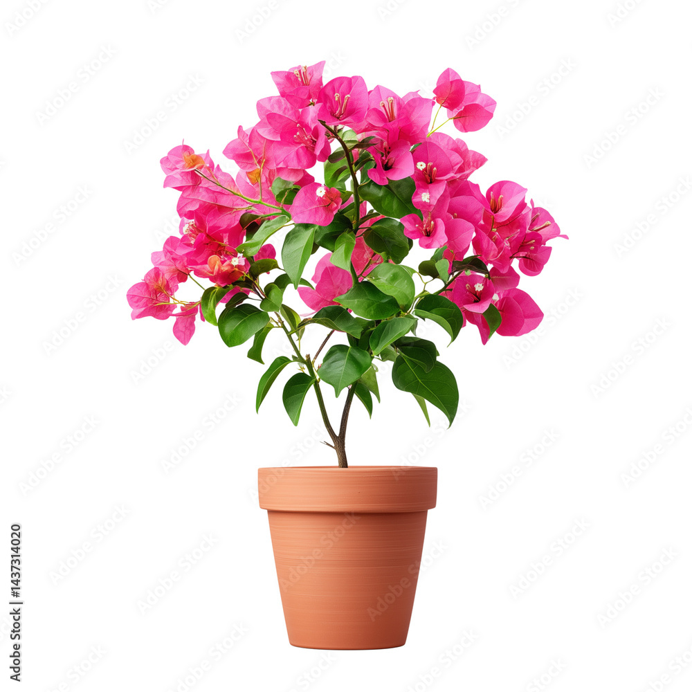 Fototapeta premium Bougainvillea plant in a terracotta pot isolated on white background
