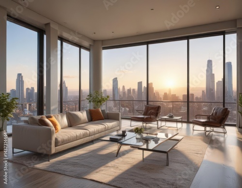 Sun-drenched living room, stunning skyline vista  High-end condo, glass walls ,  downtown,  elegant