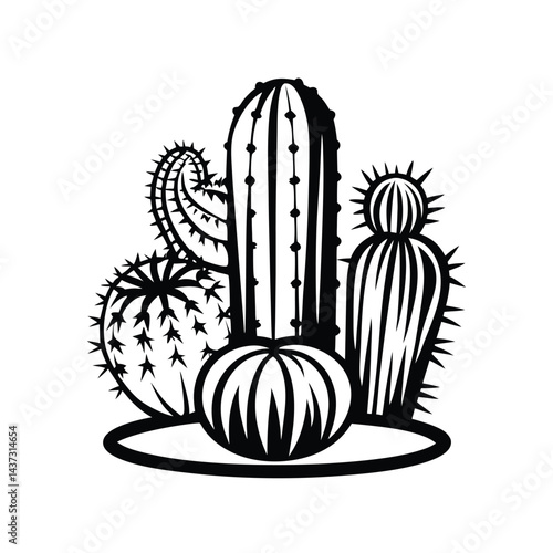 Black Silhouette Cacti Assortment Prickly Plants, Desert Flora, Simple Botanical