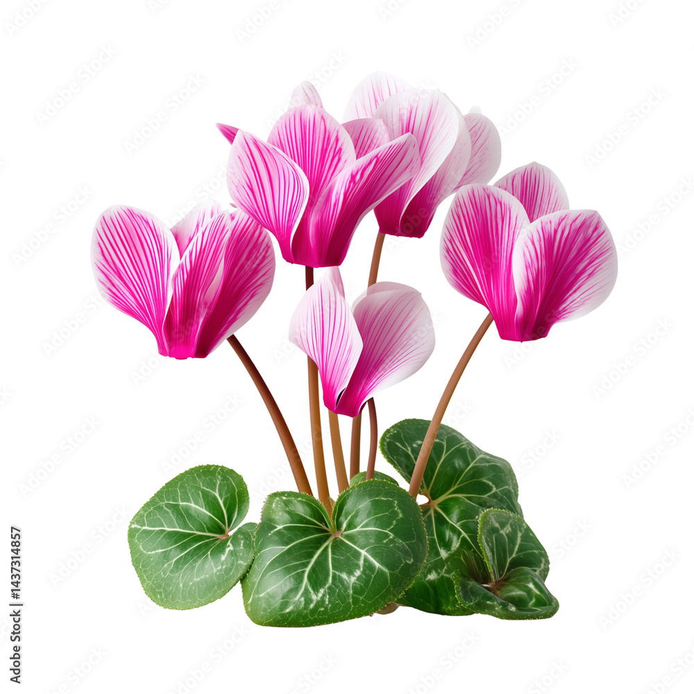 Cyclamen flowers with leaves isolated on a white background