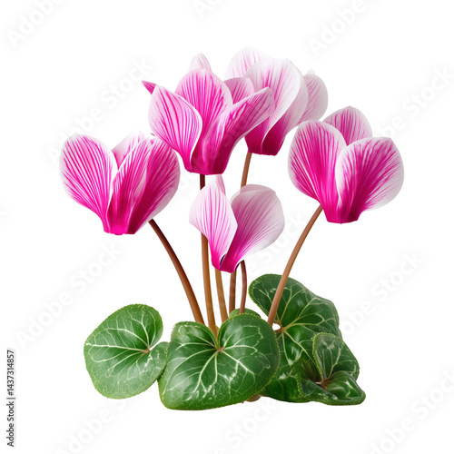 Cyclamen flowers with leaves isolated on a white background